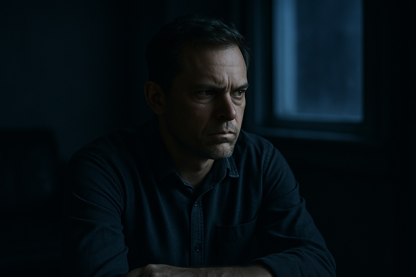 A man sitting alone in a dim room at night with a tense, angry expression