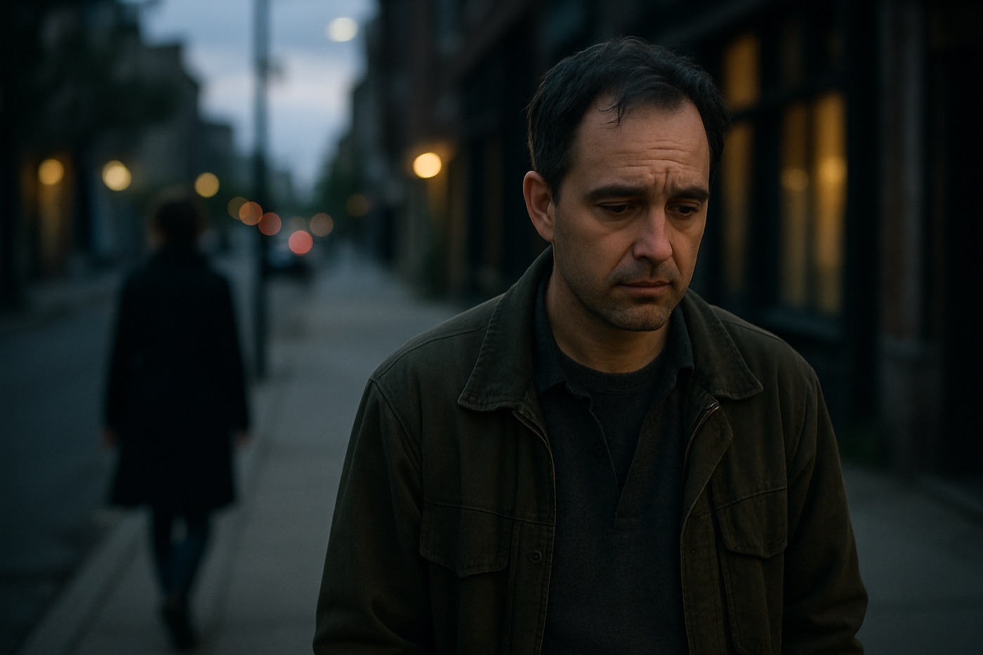 A man standing alone on a city sidewalk at dusk as a woman walks away in the background