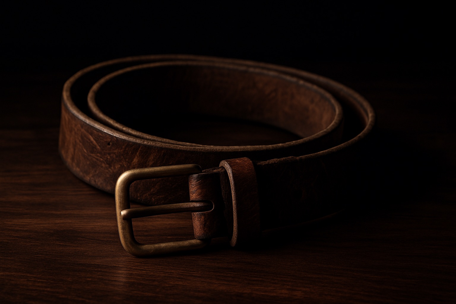 A worn leather belt coiled on a dark wood surface